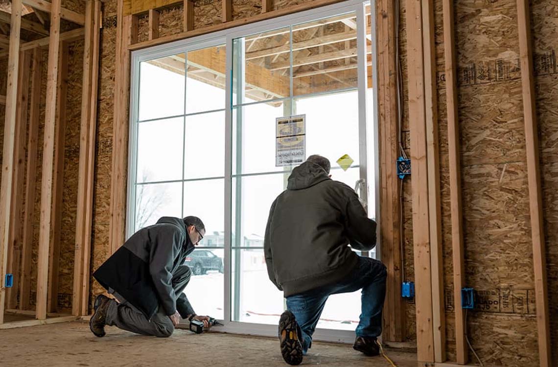 Two workers fitting a large framed glass door into wood framing of a house under construction