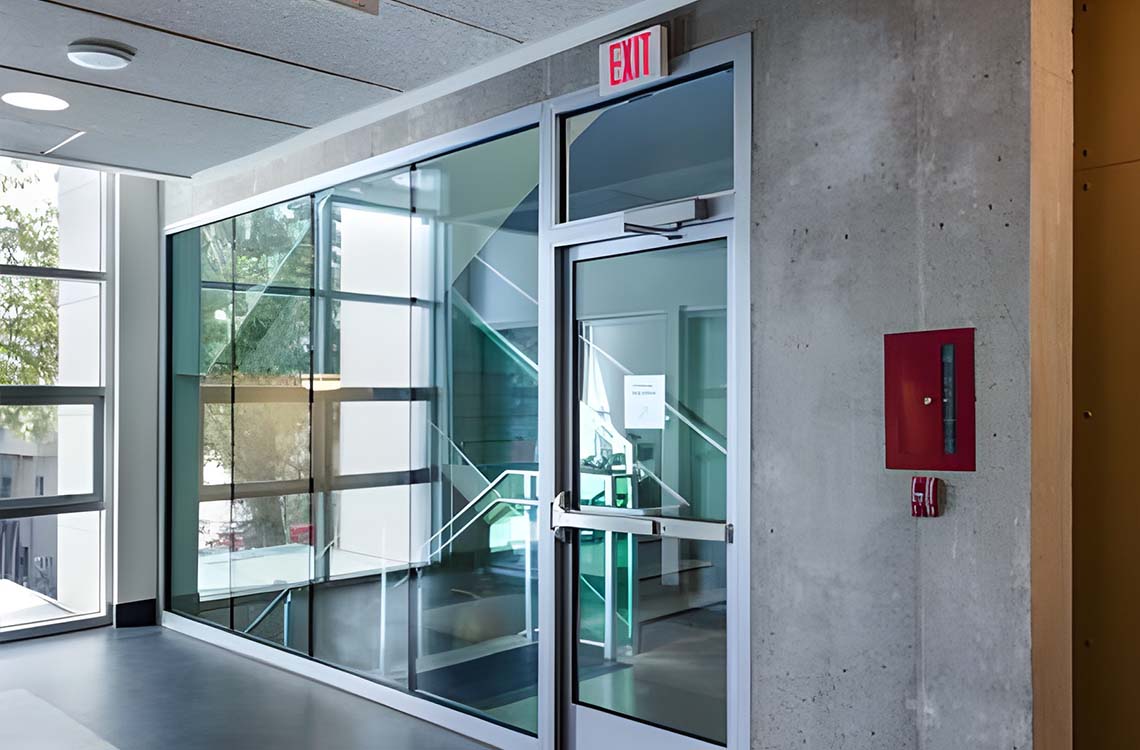 Glass entrance door with aluminum framing and exit sign beside a concrete wall