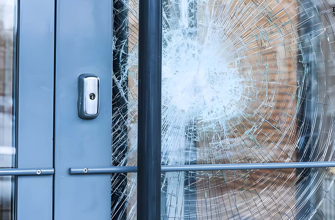 Close view of shattered laminated glass door panel with oval lock and push bar
