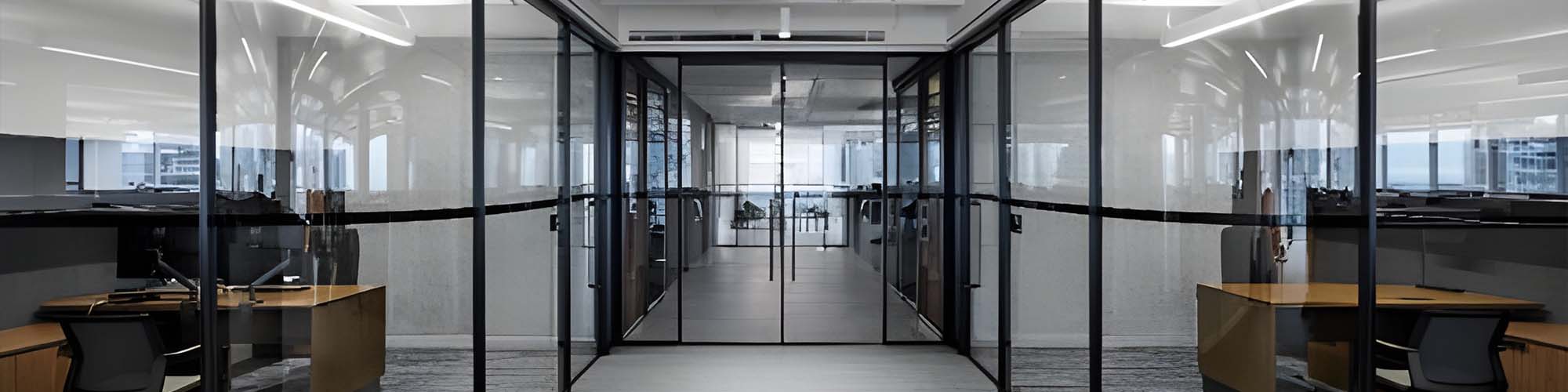 Panoramic interior of office with black framed glass partitions and wooden desks